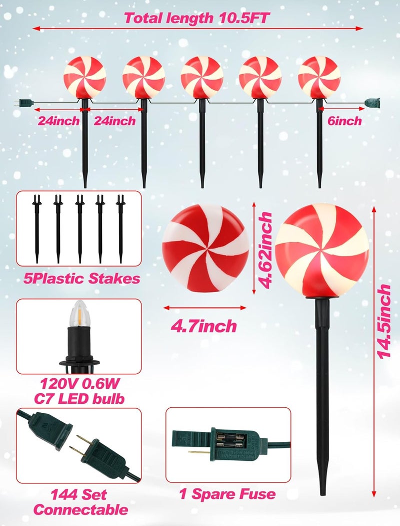 Adirxon Set of 5 Large Christmas Candy Cane Yard Stakes, Professional-Grade Outdoor Peppermint Decorations with C7 LED Lights, Heavy-Duty Holiday Light Stakes for Walkway, Lawn & Driveway - Image 2